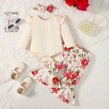 Load image into Gallery viewer, Ruffled Round Neck Bodysuit and Printed Pants Set
