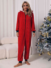 Load image into Gallery viewer, Zip Front Long Sleeve Hooded Teddy Lounge Jumpsuit
