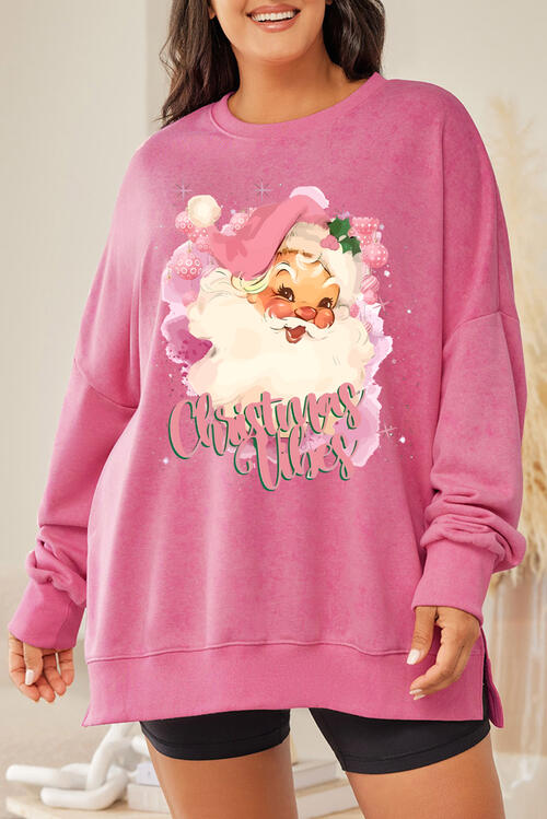 Plus Size Santa Claus Graphic Round Neck Long Sleeve Slit Sweatshirt