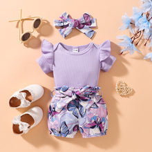 Load image into Gallery viewer, Ribbed Ruffle Shoulder Bodysuit and Butterfly Print Shorts Set
