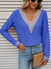 Load image into Gallery viewer, Double Take Contrast V-Neck Eyelet Long Sleeve Top
