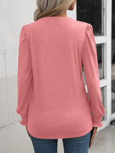 Load image into Gallery viewer, Ruched Notched Neck Puff Sleeve Smocked Wrist Blouse
