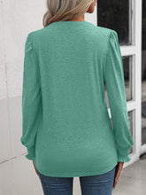 Load image into Gallery viewer, Ruched Notched Neck Puff Sleeve Smocked Wrist Blouse
